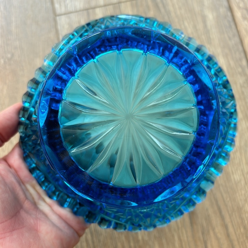 Vintage Fayette Glass Pressed Turquoise Saw Tooth Starburst Candy Dish - Picture 6 of 9